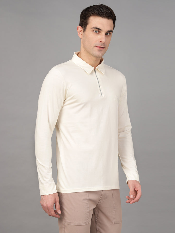 Hancock Men Cream Solid Pure Cotton Slim Fit Formal Tshirt