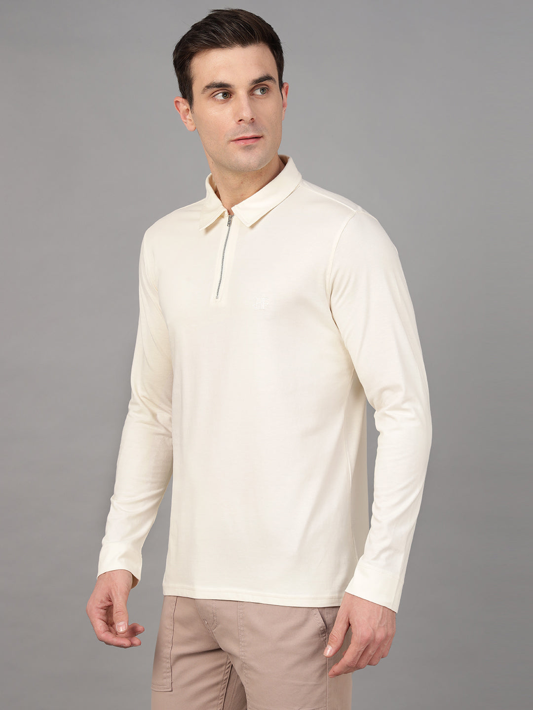 Hancock Men Cream Solid Pure Cotton Slim Fit Formal Tshirt