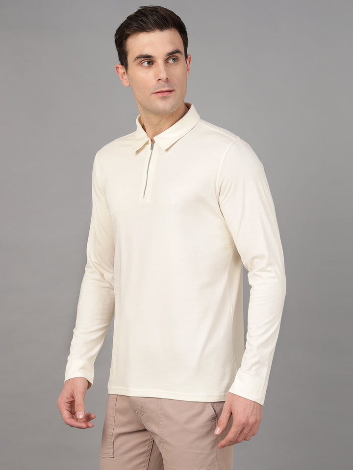 Hancock Men Cream Solid Pure Cotton Slim Fit Formal Tshirt