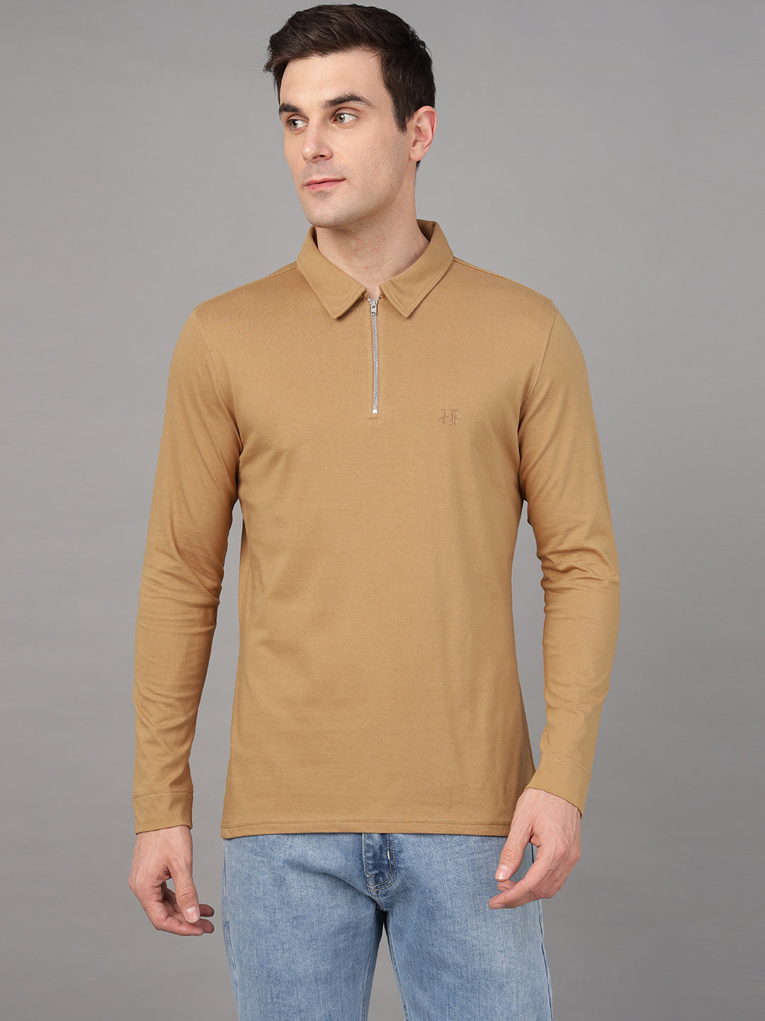 Hancock Men Tan Solid Pure Cotton Slim Fit Formal Tshirt