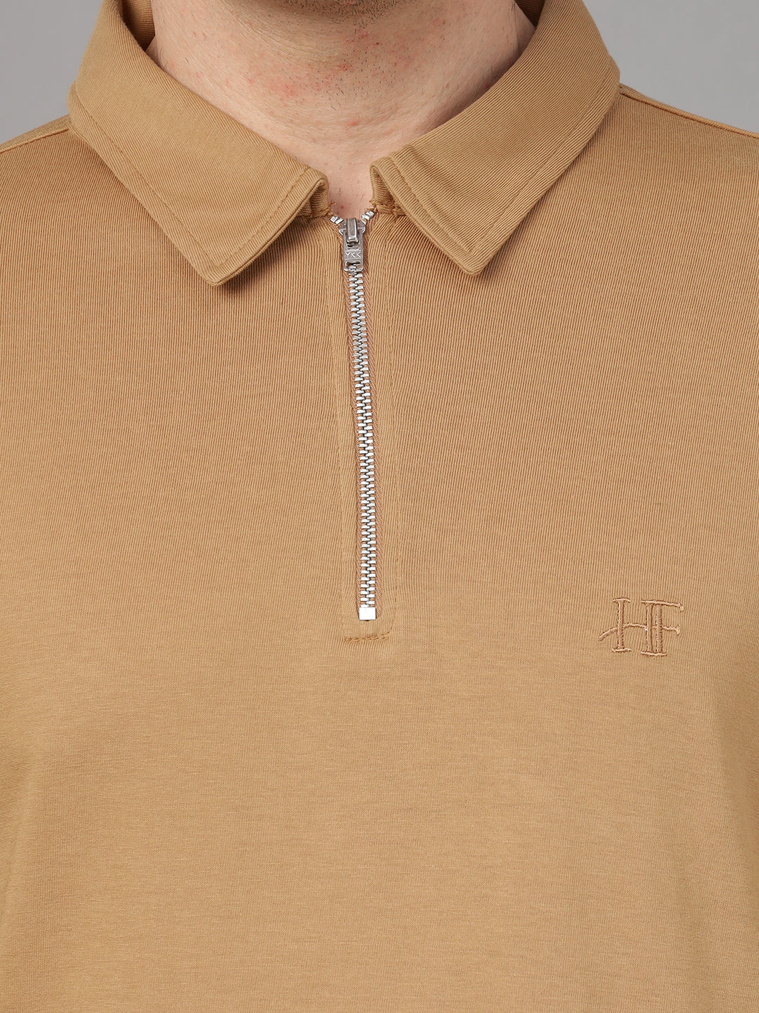 Hancock Men Tan Solid Pure Cotton Slim Fit Formal Tshirt