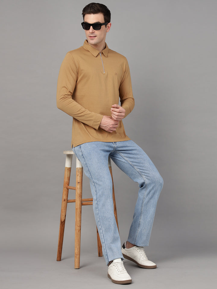 Hancock Men Tan Solid Pure Cotton Slim Fit Formal Tshirt