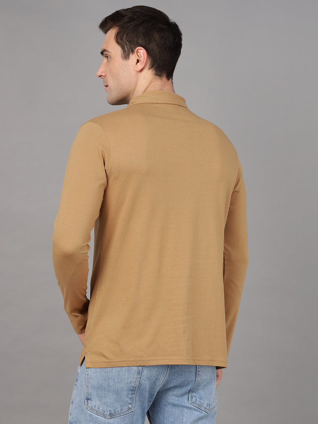 Hancock Men Tan Solid Pure Cotton Slim Fit Formal Tshirt