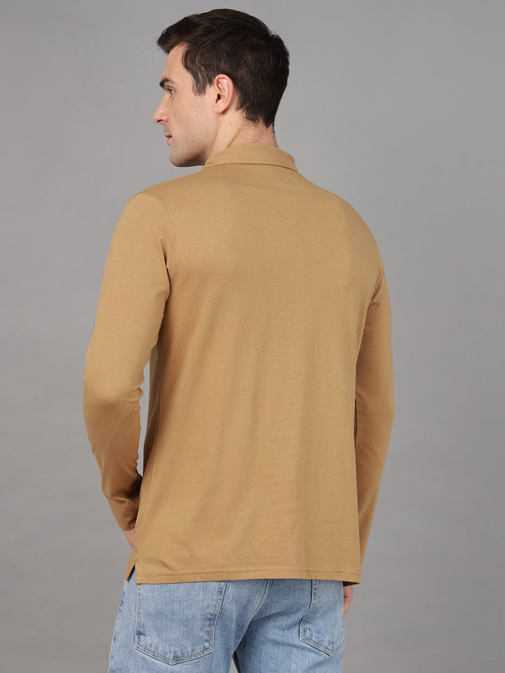 Hancock Men Tan Solid Pure Cotton Slim Fit Formal Tshirt
