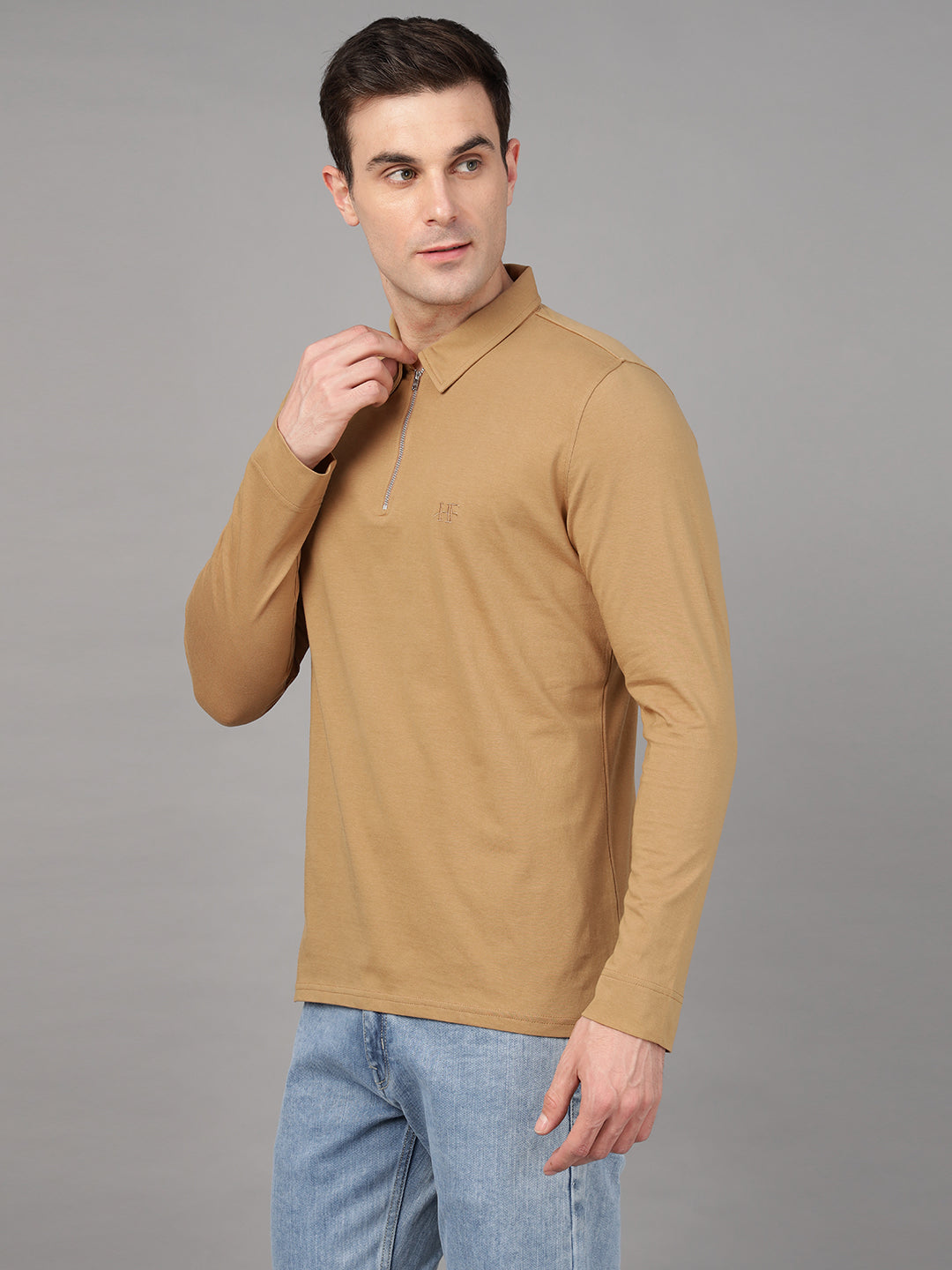Hancock Men Tan Solid Pure Cotton Slim Fit Formal Tshirt