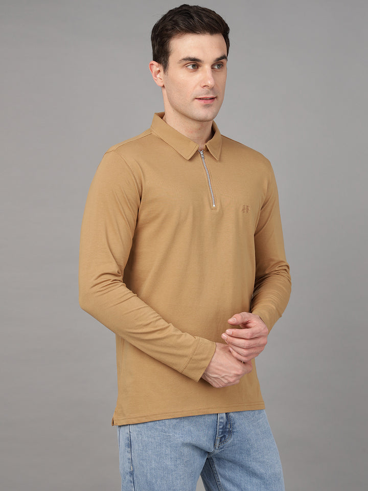 Hancock Men Tan Solid Pure Cotton Slim Fit Formal Tshirt