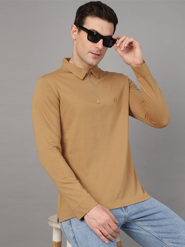 Hancock Men Tan Solid Pure Cotton Slim Fit Formal Tshirt