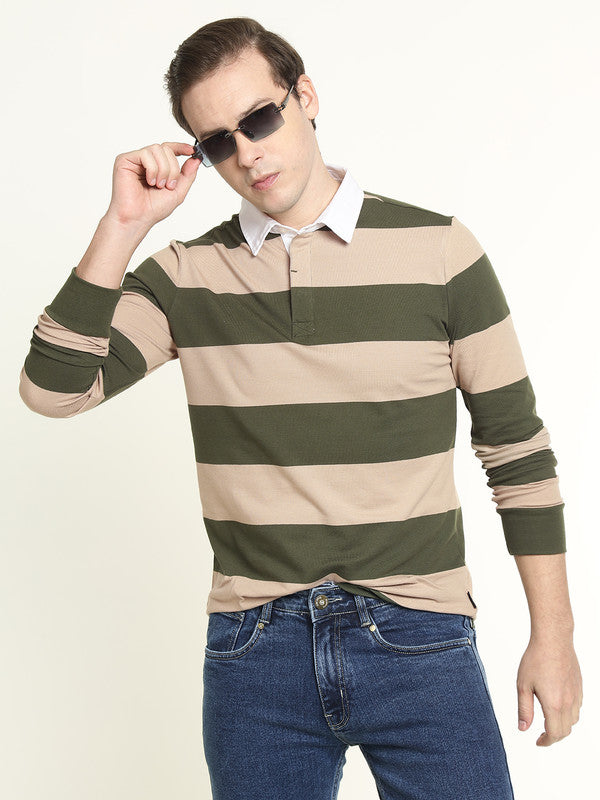 Hancock Men Beige & Olive Striped Bio Finish Pure Cotton Stretch Pique Polo Collar T-shirt