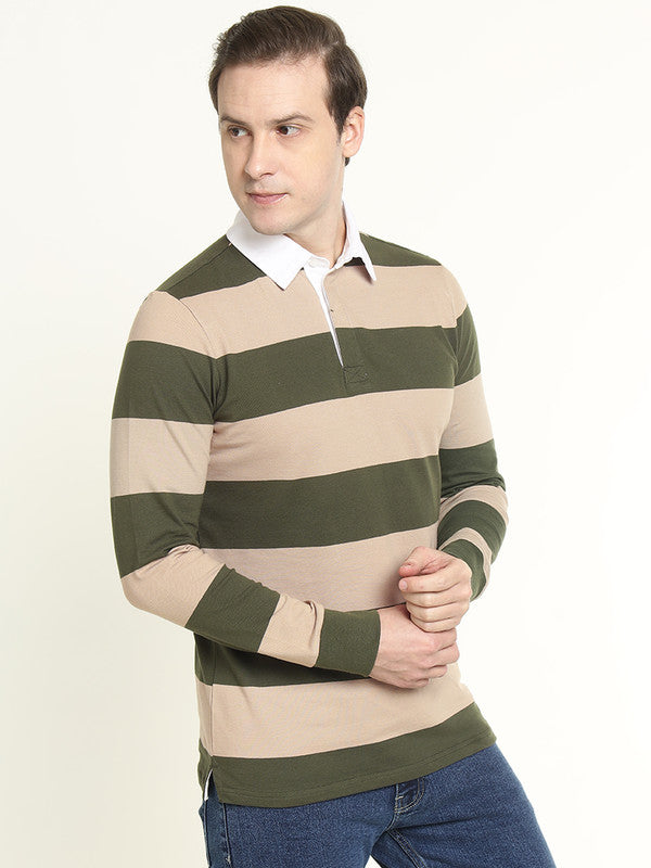 Hancock Men Beige & Olive Striped Bio Finish Pure Cotton Stretch Pique Polo Collar T-shirt