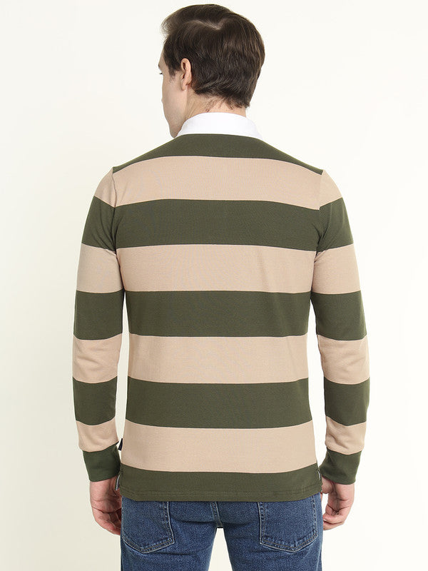 Hancock Men Beige & Olive Striped Bio Finish Pure Cotton Stretch Pique Polo Collar T-shirt