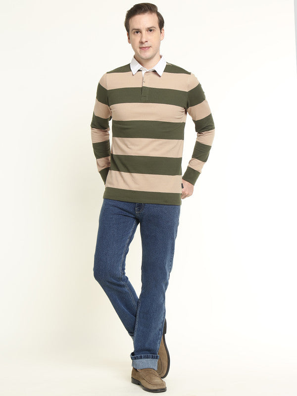 Hancock Men Beige & Olive Striped Bio Finish Pure Cotton Stretch Pique Polo Collar T-shirt