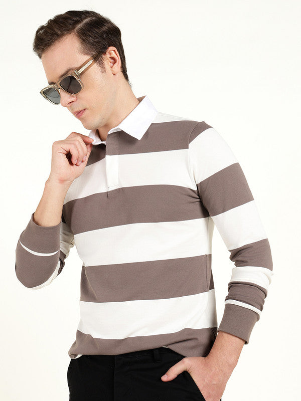 Men Grey & Cream Striped Polo Collar Pure Cotton Stretch Pique Bio Finish Slim Fit T-shirt