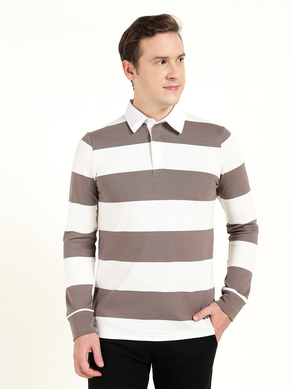 Men Grey & Cream Striped Polo Collar Pure Cotton Stretch Pique Bio Finish Slim Fit T-shirt