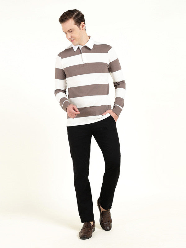 Men Grey & Cream Striped Polo Collar Pure Cotton Stretch Pique Bio Finish Slim Fit T-shirt