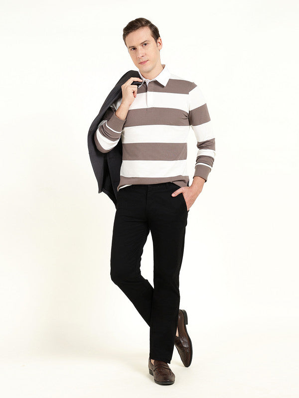Men Grey & Cream Striped Polo Collar Pure Cotton Stretch Pique Bio Finish Slim Fit T-shirt