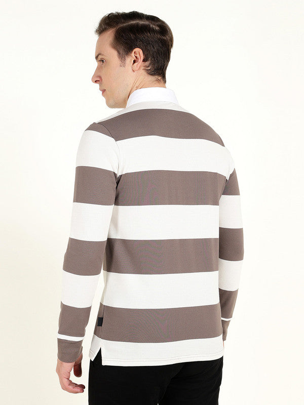 Men Grey & Cream Striped Polo Collar Pure Cotton Stretch Pique Bio Finish Slim Fit T-shirt