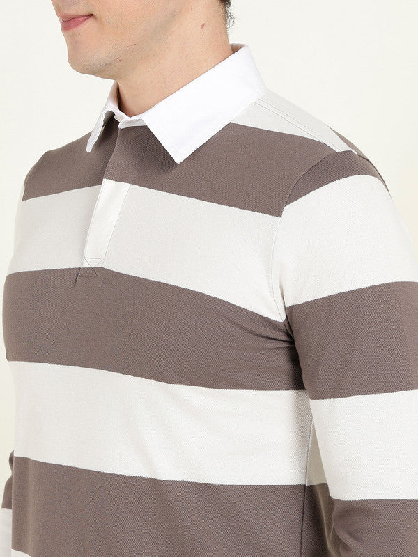 Men Grey & Cream Striped Polo Collar Pure Cotton Stretch Pique Bio Finish Slim Fit T-shirt