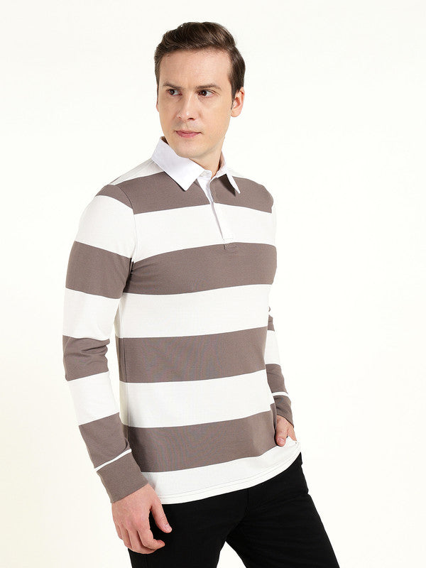 Men Grey & Cream Striped Polo Collar Pure Cotton Stretch Pique Bio Finish Slim Fit T-shirt