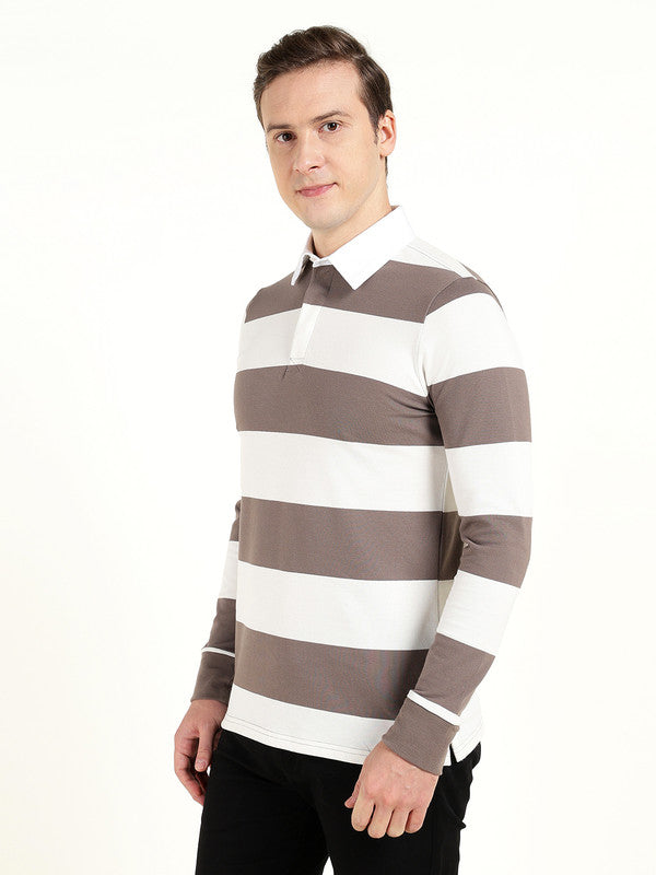 Men Grey & Cream Striped Polo Collar Pure Cotton Stretch Pique Bio Finish Slim Fit T-shirt