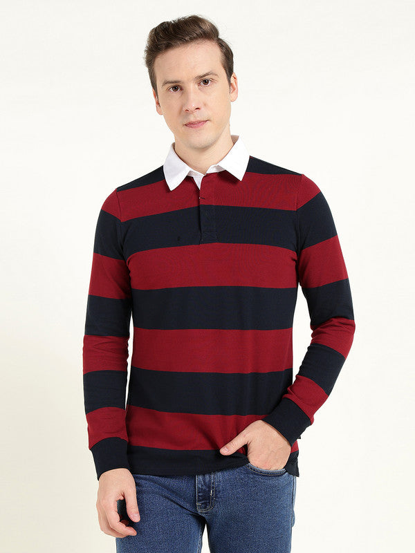 Hancock Men Maroon & Navy Blue Striped Polo Collar Pure Cotton Stretch Pique Bio Finish Slim Fit T-shirt