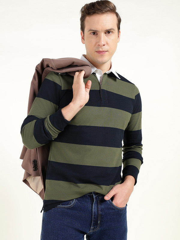 Men Navy Blue & Olive Striped Polo Collar Pure Cotton Stretch Pique Bio Finish Slim Fit T-shirt