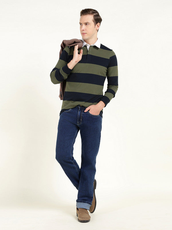 Men Navy Blue & Olive Striped Polo Collar Pure Cotton Stretch Pique Bio Finish Slim Fit T-shirt
