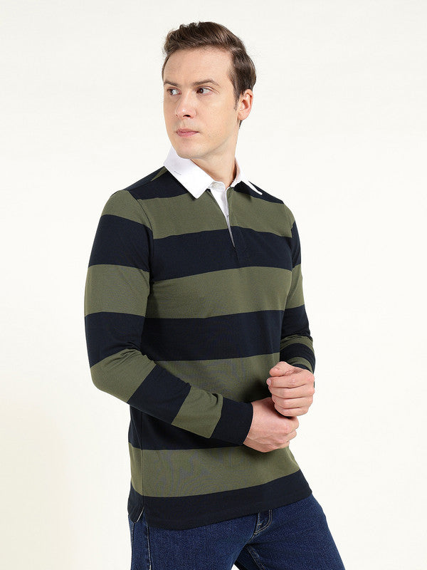 Men Navy Blue & Olive Striped Polo Collar Pure Cotton Stretch Pique Bio Finish Slim Fit T-shirt