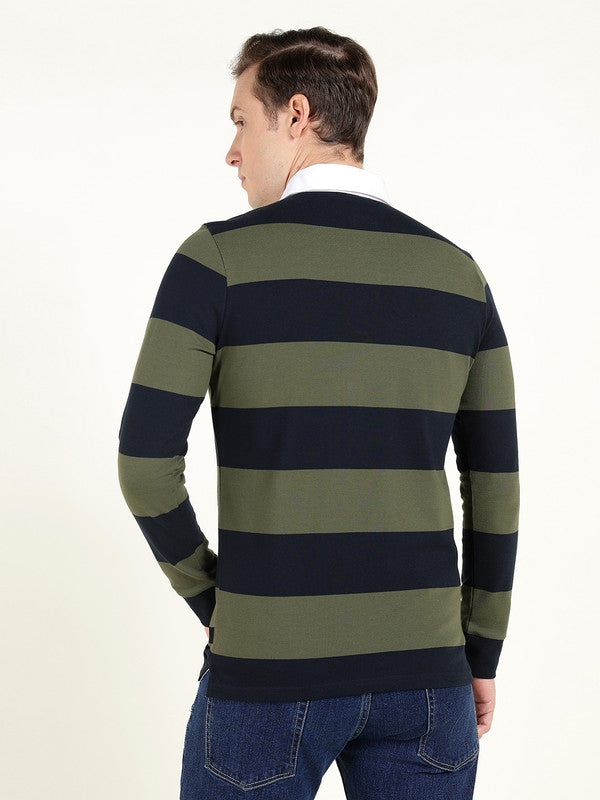 Men Navy Blue & Olive Striped Polo Collar Pure Cotton Stretch Pique Bio Finish Slim Fit T-shirt