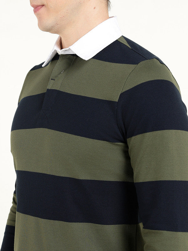 Men Navy Blue & Olive Striped Polo Collar Pure Cotton Stretch Pique Bio Finish Slim Fit T-shirt