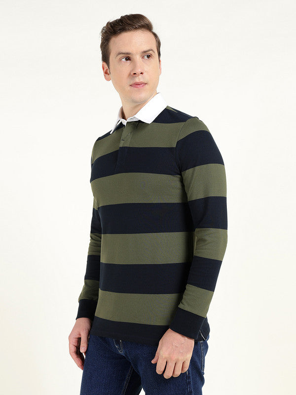 Men Navy Blue & Olive Striped Polo Collar Pure Cotton Stretch Pique Bio Finish Slim Fit T-shirt