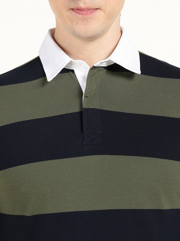 Men Navy Blue & Olive Striped Polo Collar Pure Cotton Stretch Pique Bio Finish Slim Fit T-shirt