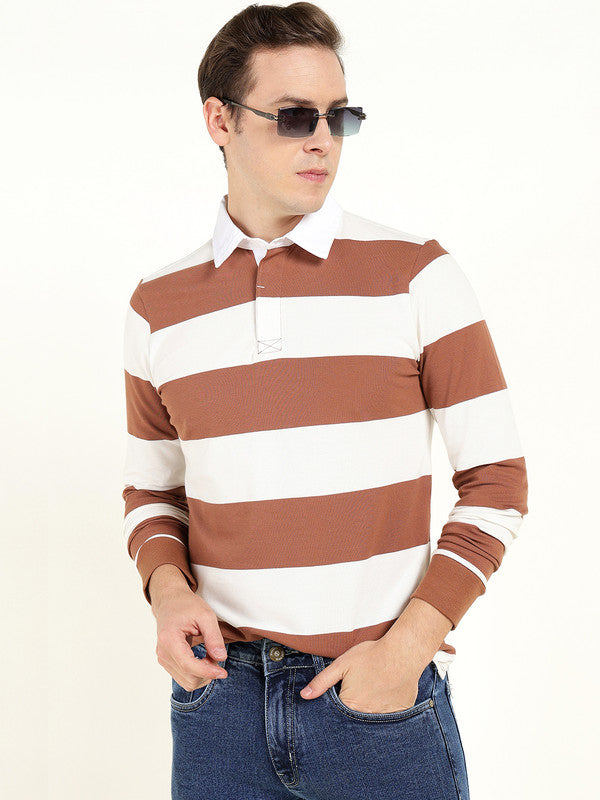 Men Tan & Cream Striped Polo Collar Pure Cotton Stretch Pique Bio Finish Slim Fit T-shirt