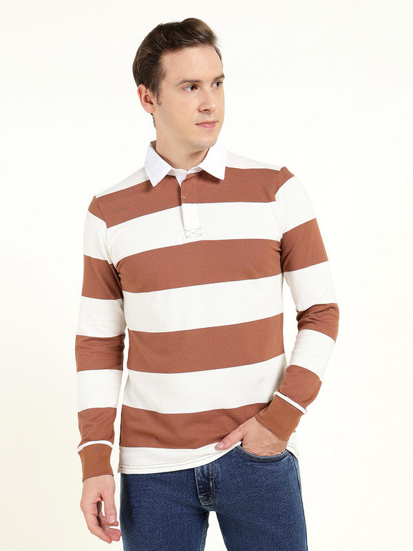 Men Tan & Cream Striped Polo Collar Pure Cotton Stretch Pique Bio Finish Slim Fit T-shirt