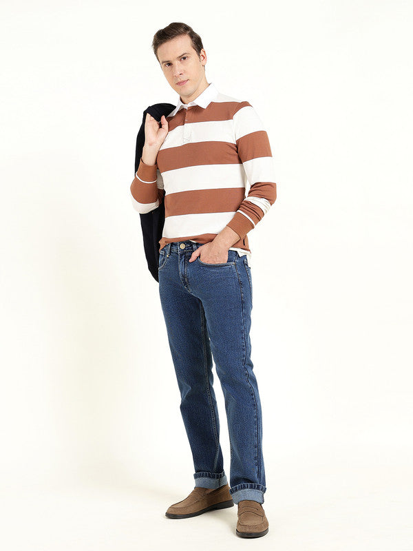 Men Tan & Cream Striped Polo Collar Pure Cotton Stretch Pique Bio Finish Slim Fit T-shirt