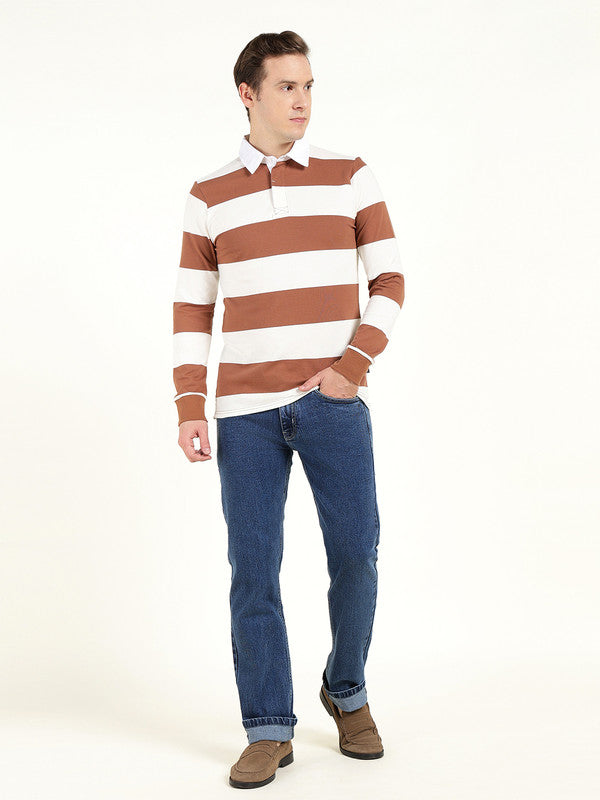 Men Tan & Cream Striped Polo Collar Pure Cotton Stretch Pique Bio Finish Slim Fit T-shirt