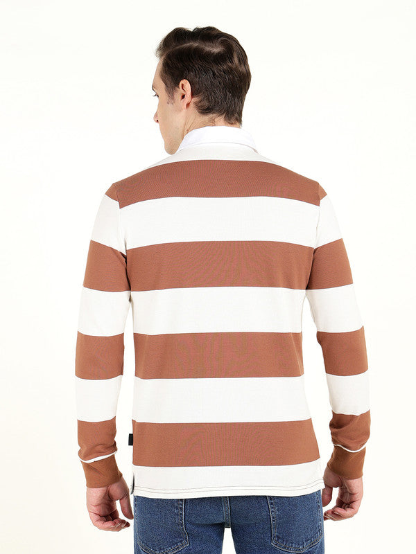 Men Tan & Cream Striped Polo Collar Pure Cotton Stretch Pique Bio Finish Slim Fit T-shirt