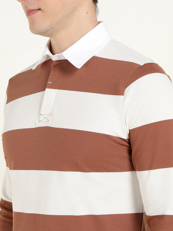 Men Tan & Cream Striped Polo Collar Pure Cotton Stretch Pique Bio Finish Slim Fit T-shirt