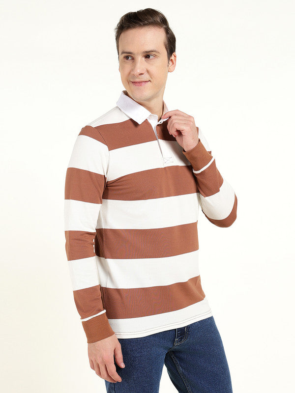 Men Tan & Cream Striped Polo Collar Pure Cotton Stretch Pique Bio Finish Slim Fit T-shirt