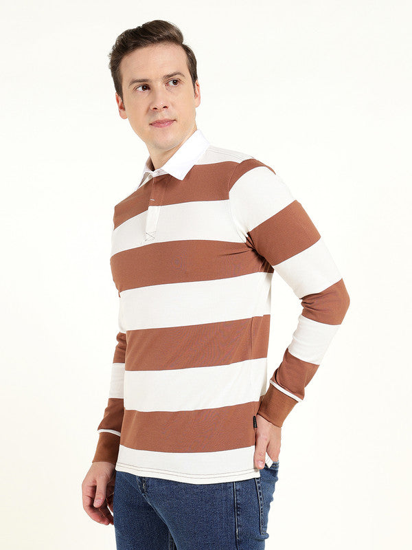 Men Tan & Cream Striped Polo Collar Pure Cotton Stretch Pique Bio Finish Slim Fit T-shirt