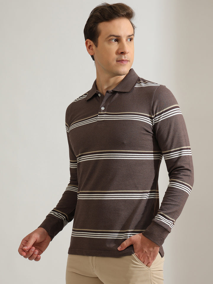Hancock   Men   Mauve   Stripes   Cotton Elastane   Slim Fit   Casual   TShirt
