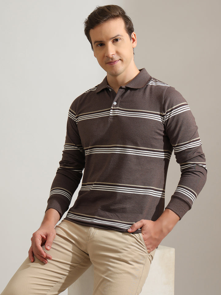 Hancock   Men   Mauve   Stripes   Cotton Elastane   Slim Fit   Casual   TShirt