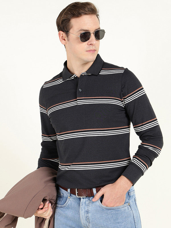Men Navy Blue Striped Polo Collar Pure Cotton Stretch Pique Bio Finish Slim Fit T-shirt