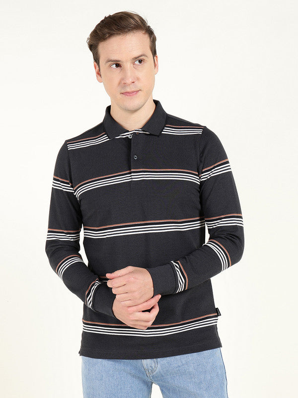Men Navy Blue Striped Polo Collar Pure Cotton Stretch Pique Bio Finish Slim Fit T-shirt