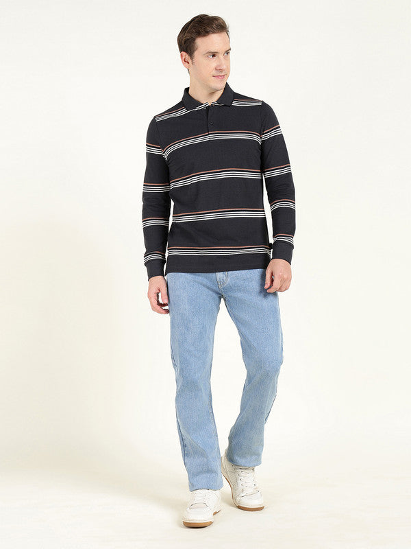 Men Navy Blue Striped Polo Collar Pure Cotton Stretch Pique Bio Finish Slim Fit T-shirt