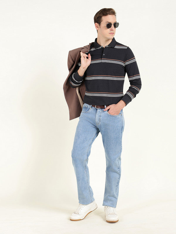Men Navy Blue Striped Polo Collar Pure Cotton Stretch Pique Bio Finish Slim Fit T-shirt