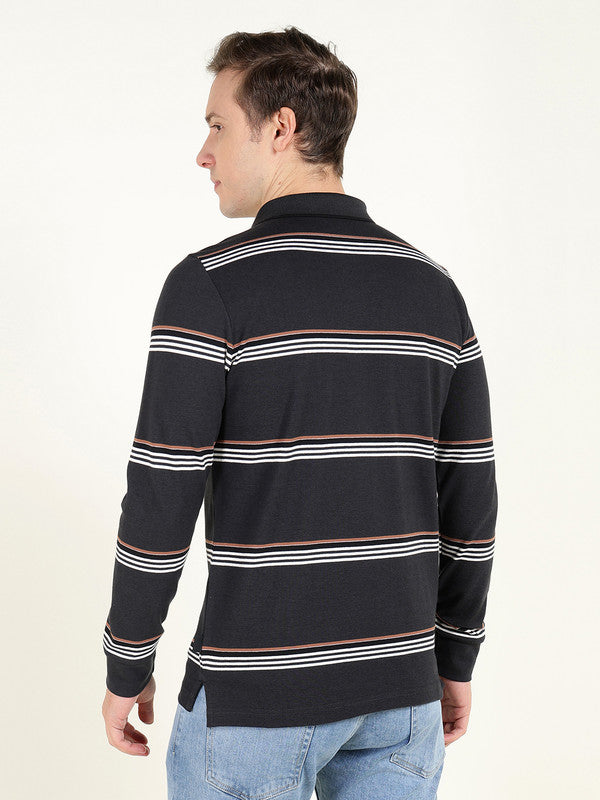 Men Navy Blue Striped Polo Collar Pure Cotton Stretch Pique Bio Finish Slim Fit T-shirt