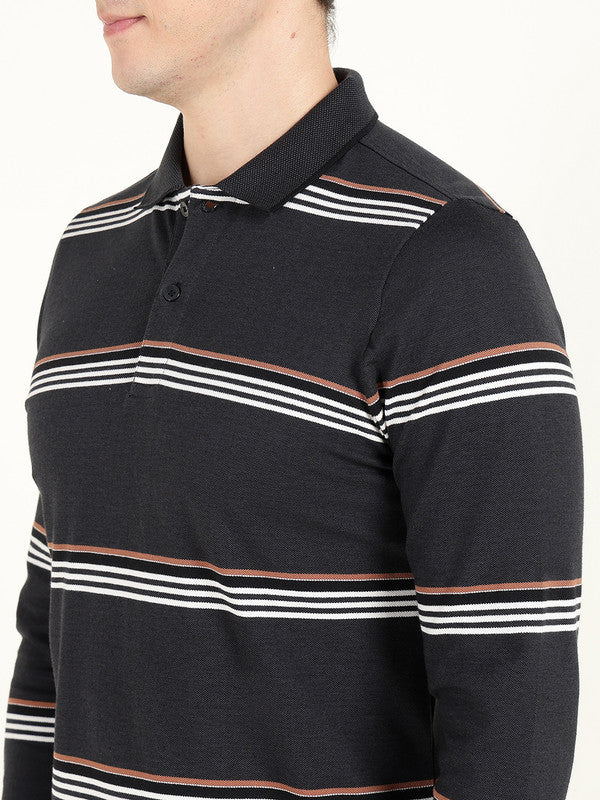 Men Navy Blue Striped Polo Collar Pure Cotton Stretch Pique Bio Finish Slim Fit T-shirt