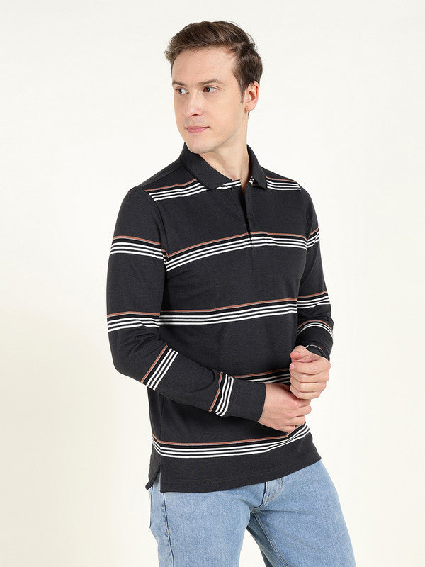 Men Navy Blue Striped Polo Collar Pure Cotton Stretch Pique Bio Finish Slim Fit T-shirt