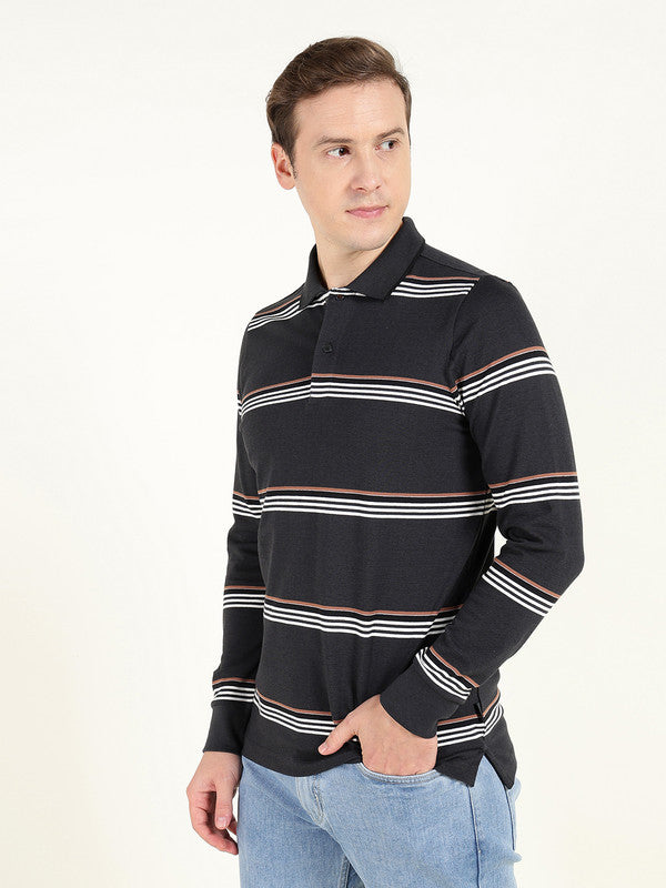 Men Navy Blue Striped Polo Collar Pure Cotton Stretch Pique Bio Finish Slim Fit T-shirt