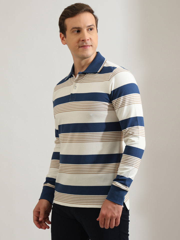 Hancock   Men   White & Blue   Stripes   Cotton Elastane   Slim Fit   Casual   TShirt
